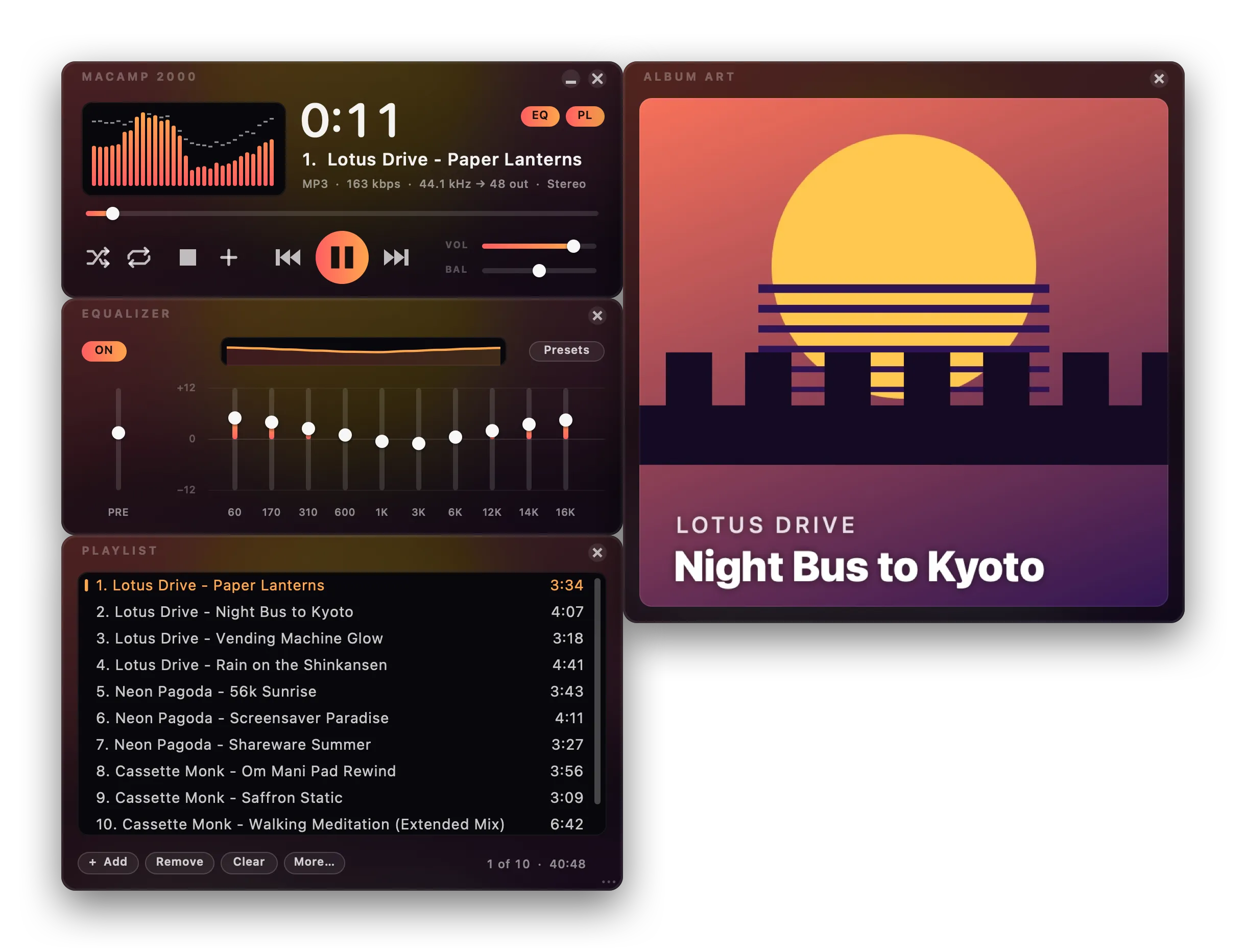 MacAmp 2000 in its Modern look: player, equalizer and playlist docked beside the album art