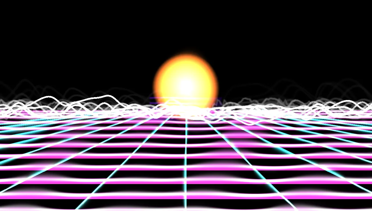 The Metal visualizer running the Neon Grid preset: a glowing sun over a pink and cyan wireframe grid