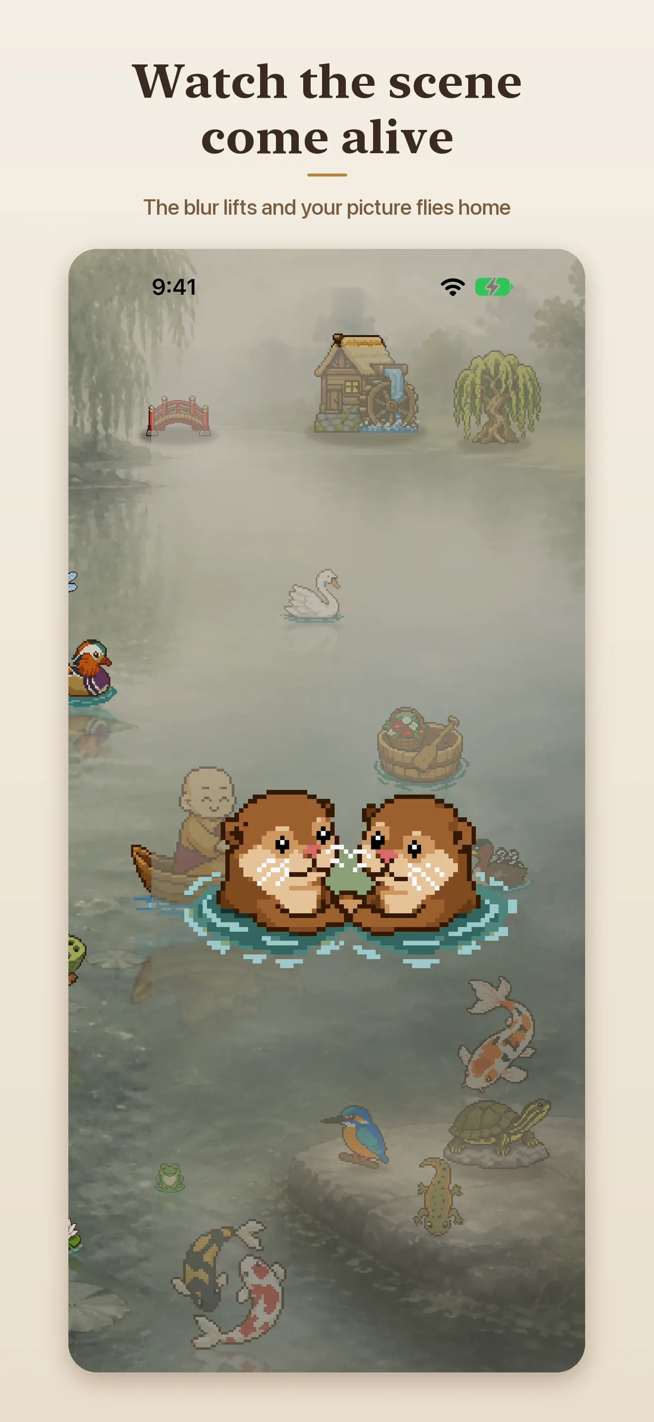 A finished pair of otters flying home into the lotus pond scene