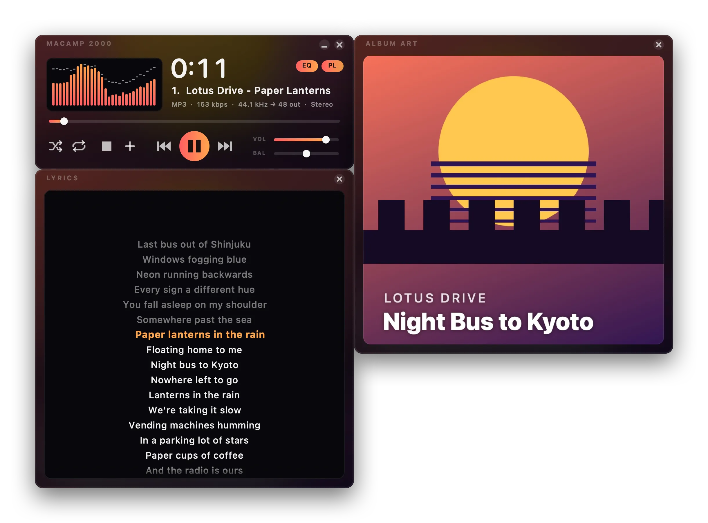 The synced lyrics window with the current line highlighted, next to the album art window