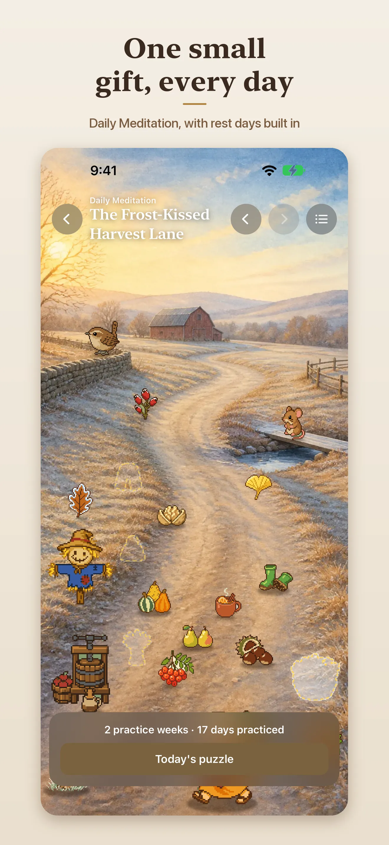 A Daily Meditation calendar scene, a frosty harvest lane
