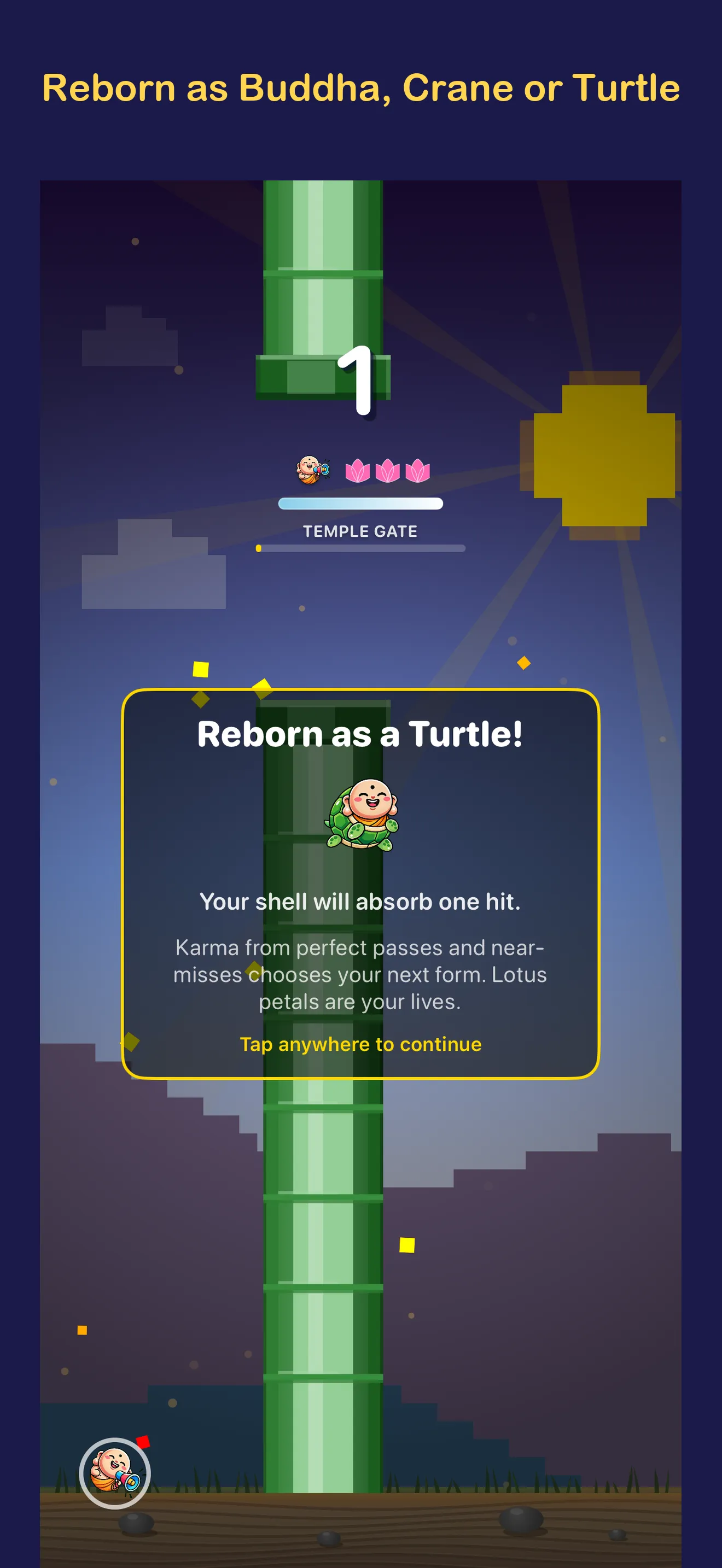 The rebirth screen, choosing between Buddha, Crane and Turtle