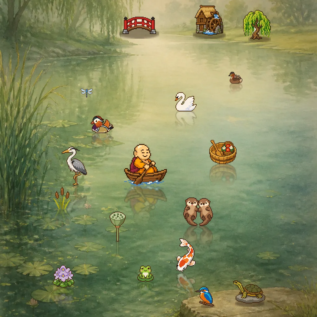 A lotus pond scene full of pixel-art friends